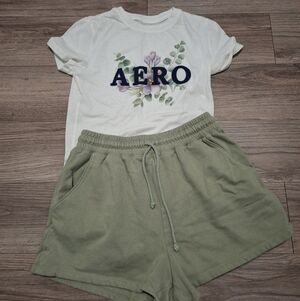 AERO White Floral T-Shirt and Green Shorts Set